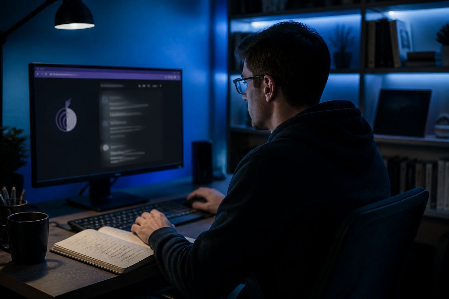 A researcher attentively explores the dark web using Tor Browser in a cozy home office setting.