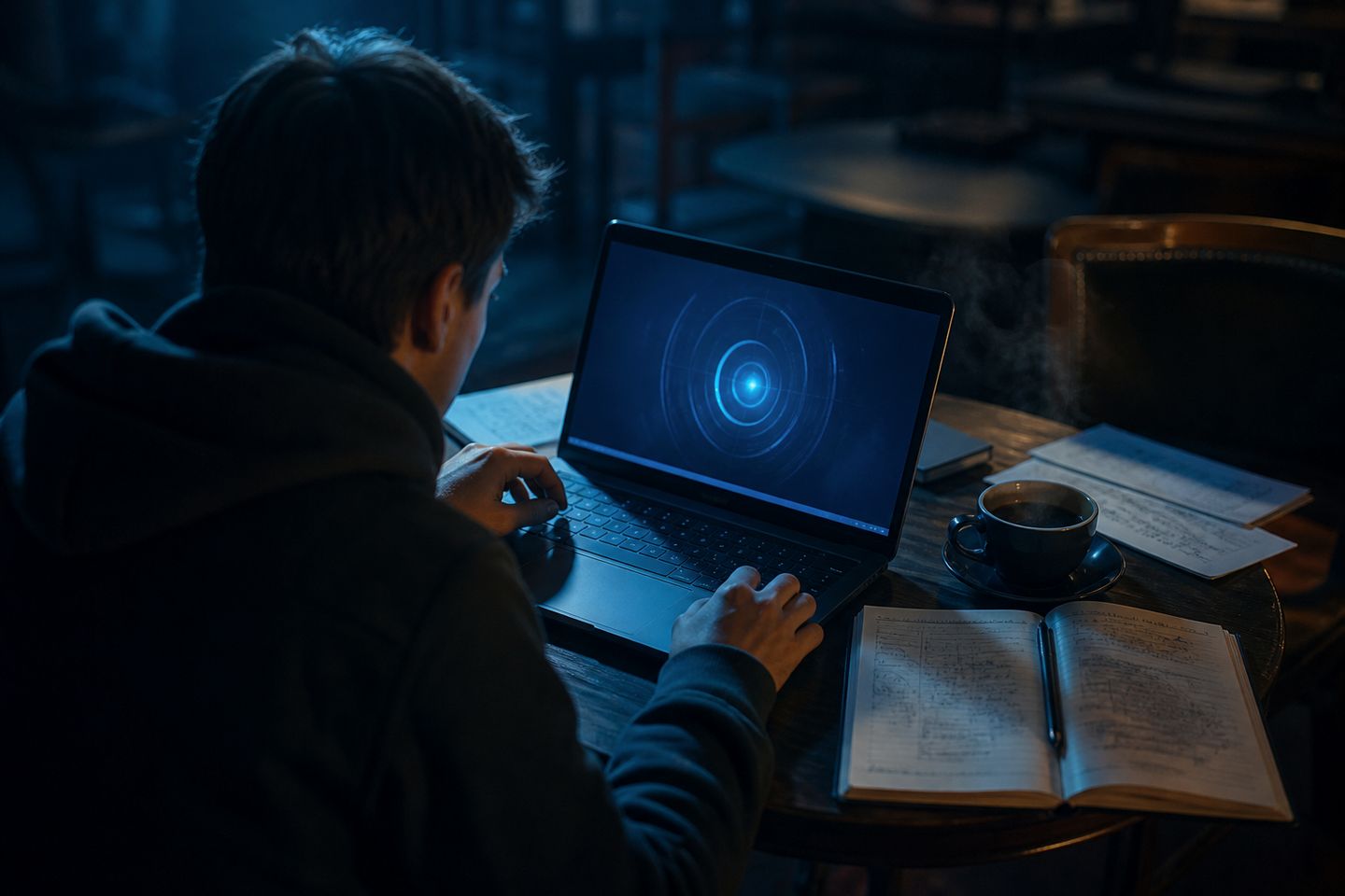 A researcher is using the Tor Browser on a laptop in a coffee shop.