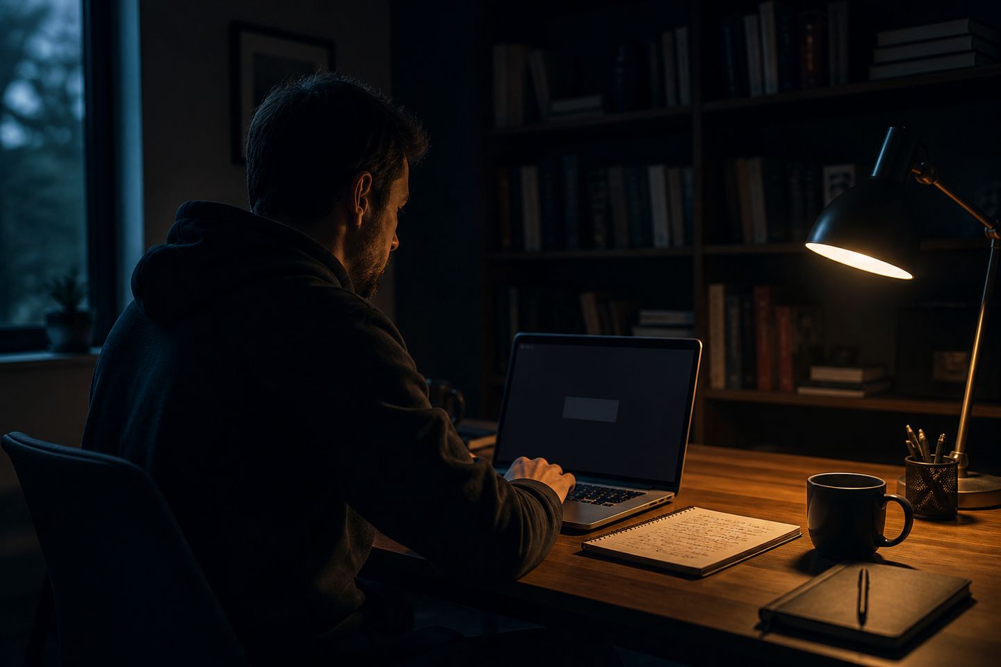 A person using a laptop in a cozy home office to access the dark web.