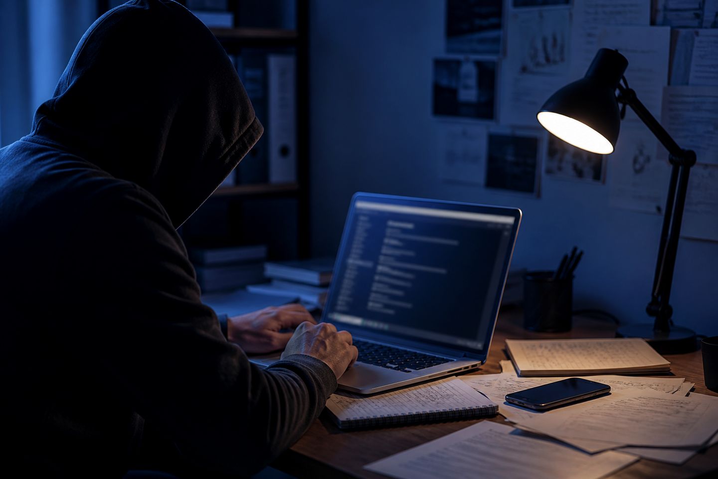 A researcher deeply engaged in exploring darknet wiki resources on their laptop.
