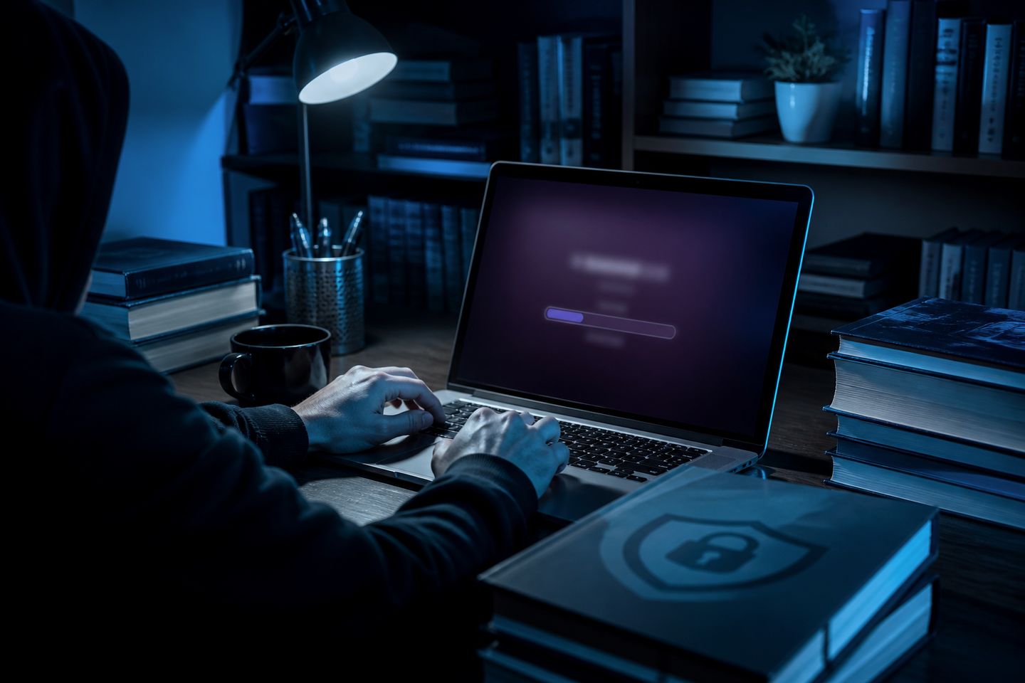 A user engaged in downloading the Tor Browser at a desk filled with cybersecurity books.