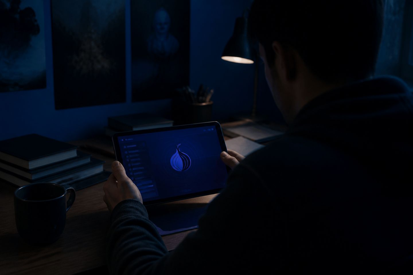A user engages with the Tor Browser on a tablet in a cozy, dimly lit environment.