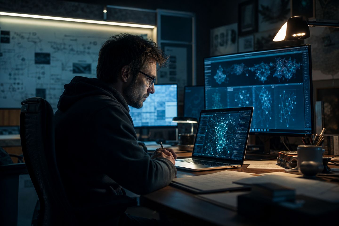 A researcher deeply engaged in analyzing deep web databases on a laptop.