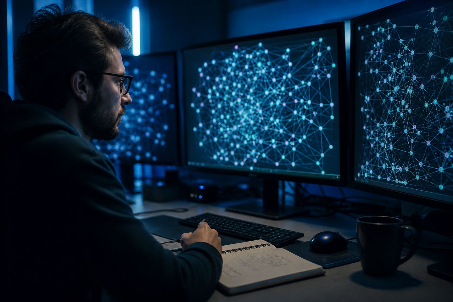 A researcher studies the Tor network's structure on multiple screens in a dark room.