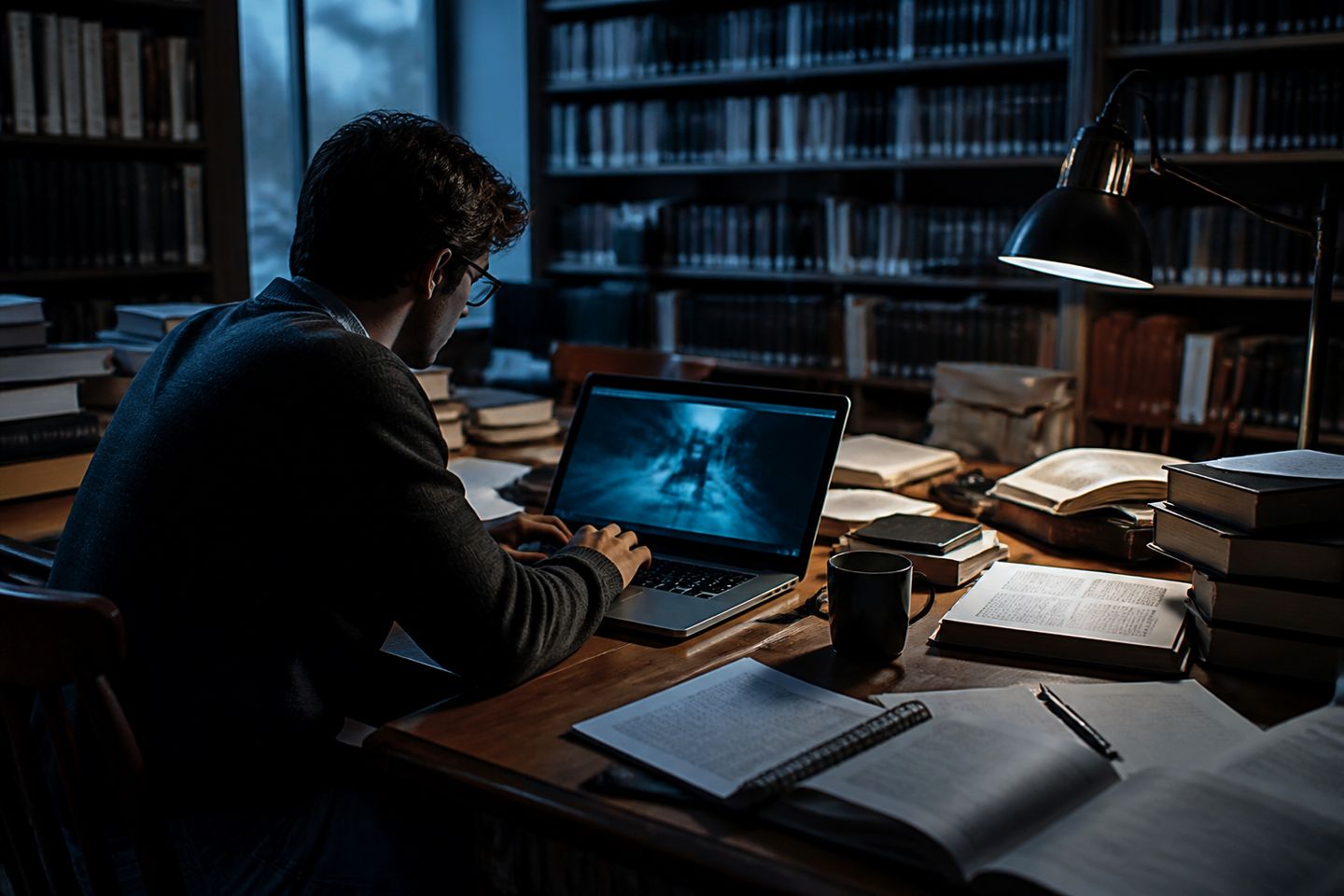 A researcher delves into deep web resources in a cozy library setting.