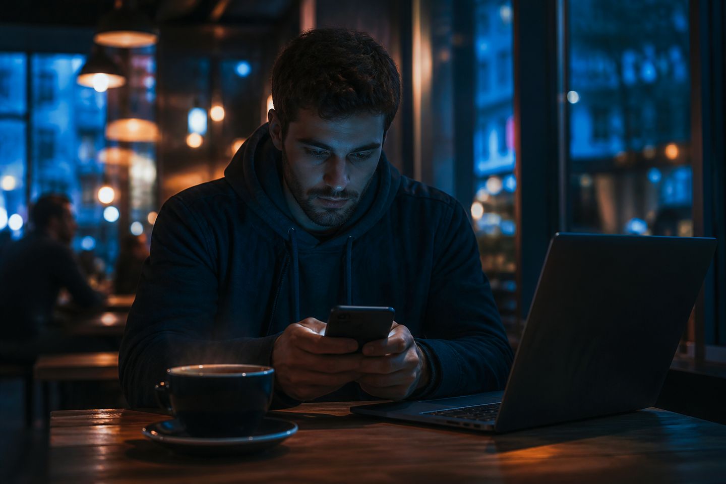 A user explores the dark web on a mobile phone in a cafe setting.