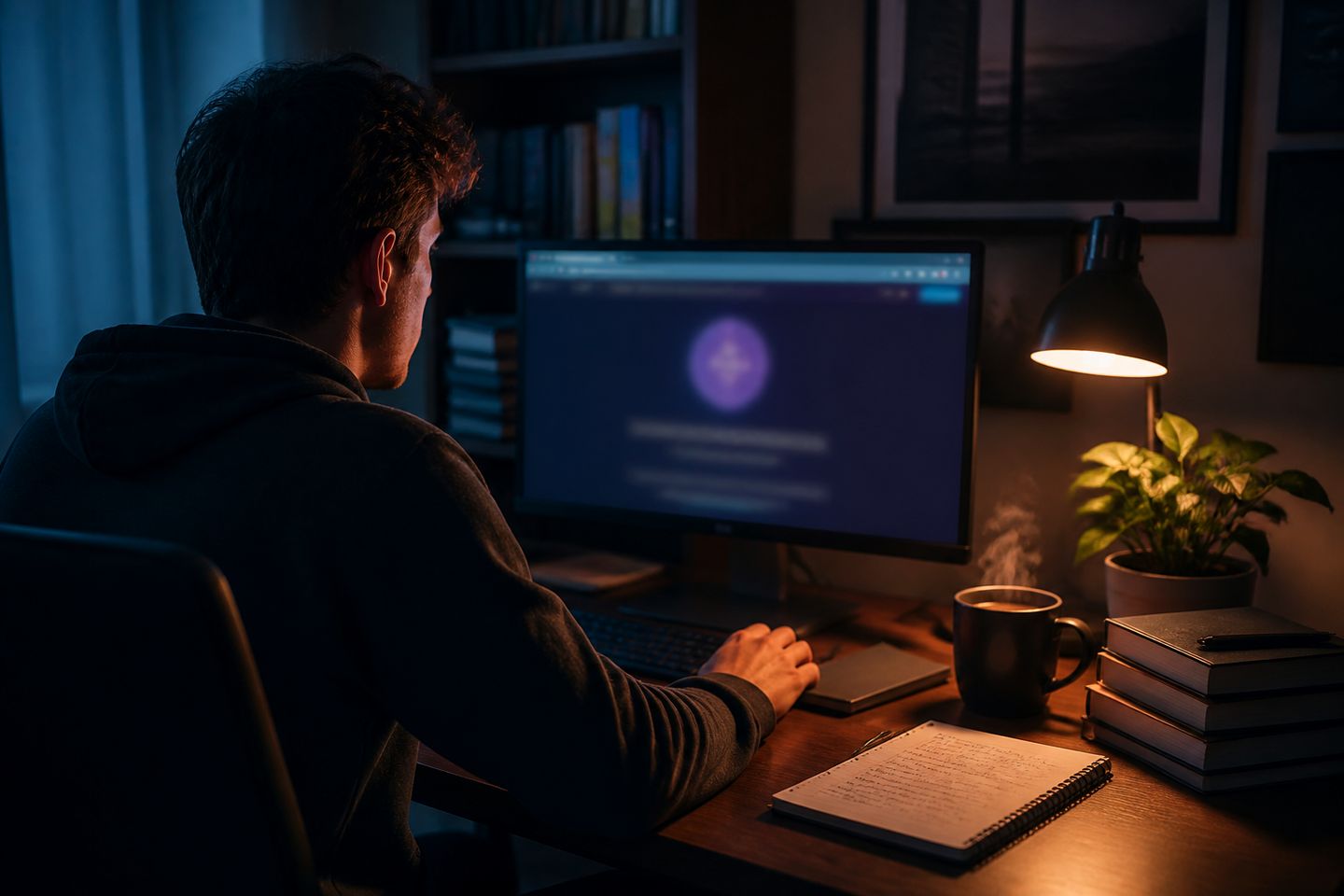 A user browsing the dark web on a desktop in a cozy study setting.